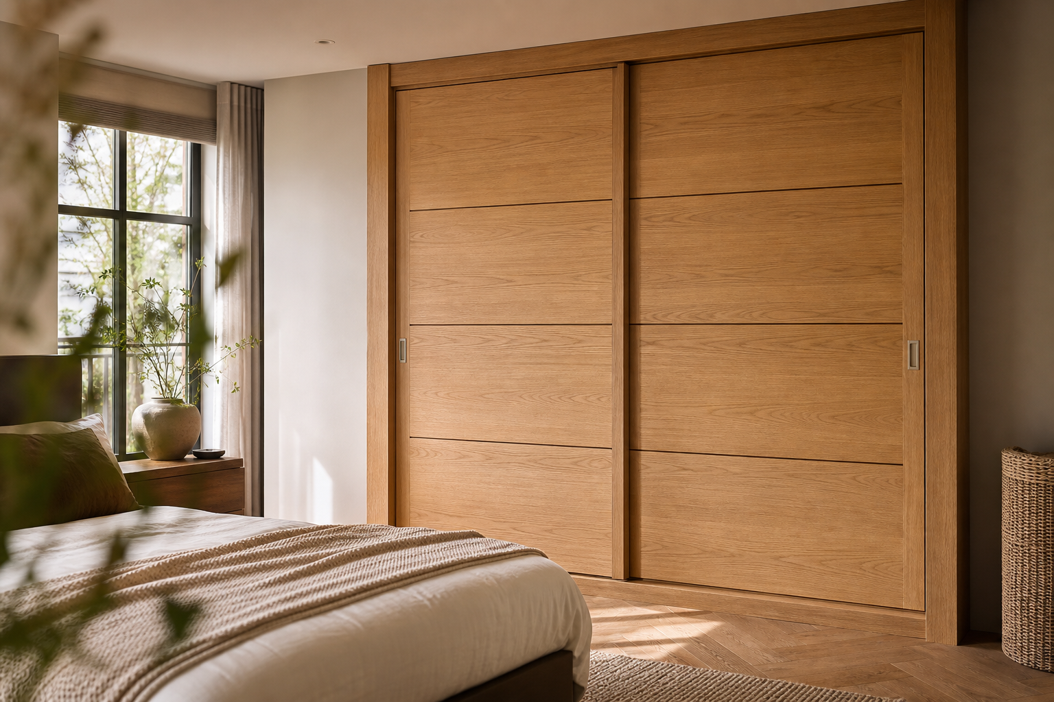 Slaapkamer met een eiken kledingkast op maat met schuifdeuren